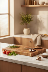 Yellow acacia solid wood cutting board by WoodyKitchenware, ideal for kitchen prep and serving.