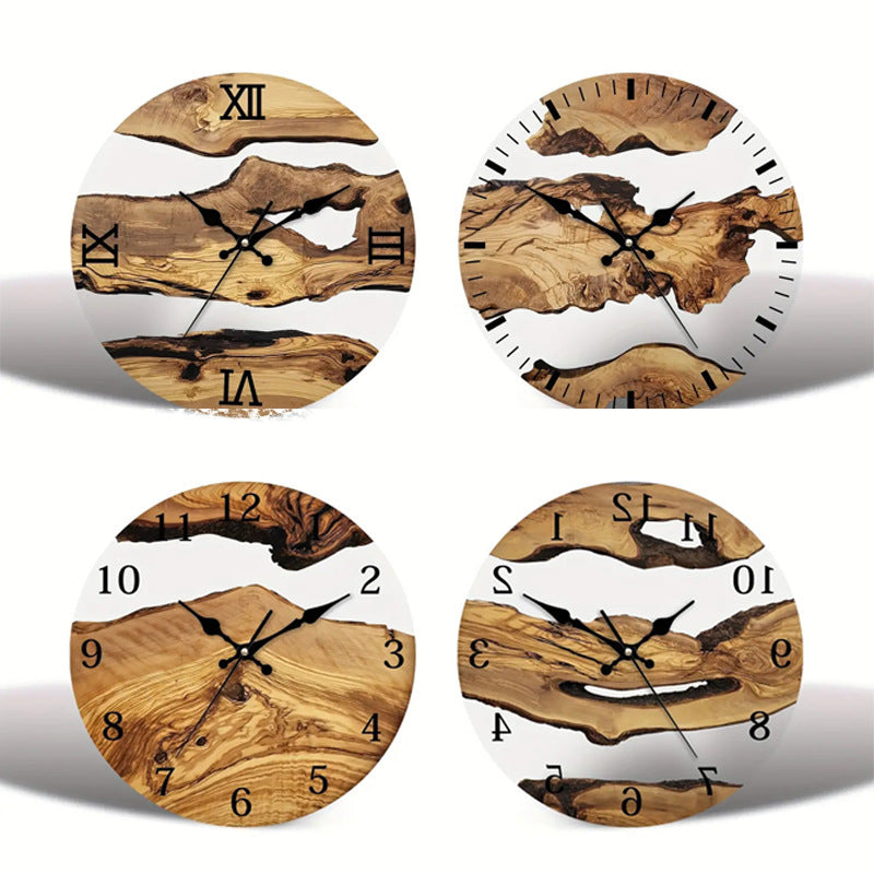 Nordic wood texture glass wall clock with minimalist design and silent movement by WoodyKitchenware, suitable for modern home decor.