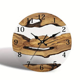 Glass wall clock with wood texture and Nordic timber illusion design by WoodyKitchenware, featuring a sleek, minimalist appearance.