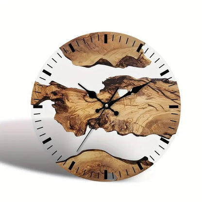 Glass wall clock with wood texture and Nordic timber illusion design by WoodyKitchenware, silent clock for modern home decor.