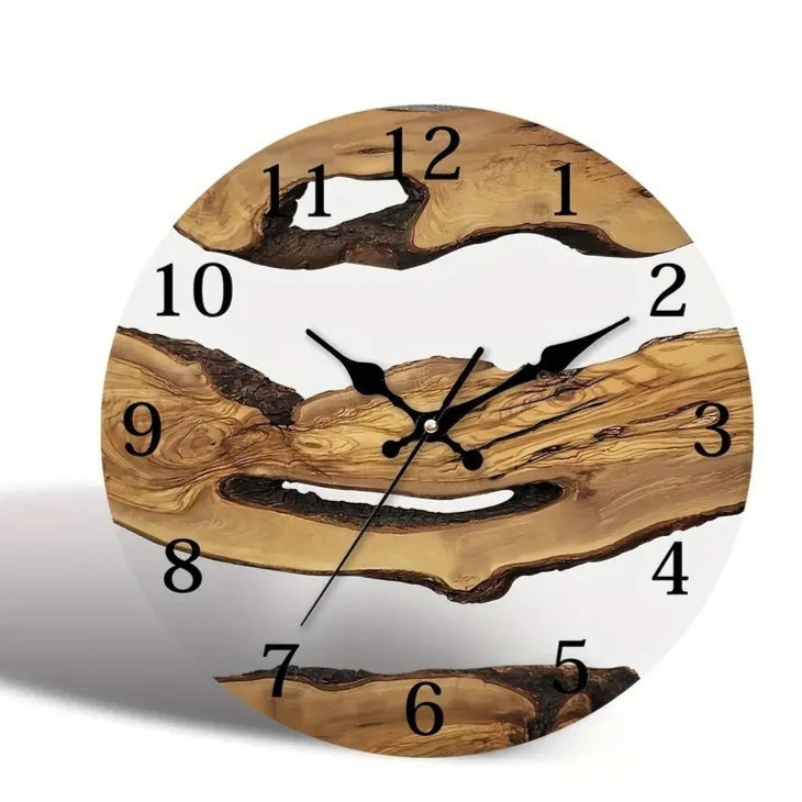 Glass wall clock with wood texture and Nordic timber illusion design by WoodyKitchenware, featuring a sleek, modern appearance.