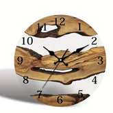 Glass wall clock with wood texture and Nordic timber illusion design by WoodyKitchenware, featuring a sleek, modern appearance.