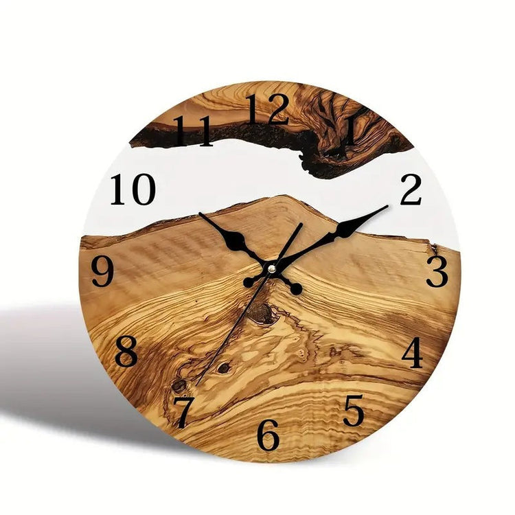 Glass wall clock with wood texture and Nordic timber illusion design by WoodyKitchenware, featuring a sleek, silent operation.
