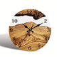 Glass wall clock with wood texture and Nordic timber illusion design by WoodyKitchenware, featuring a sleek, silent operation.