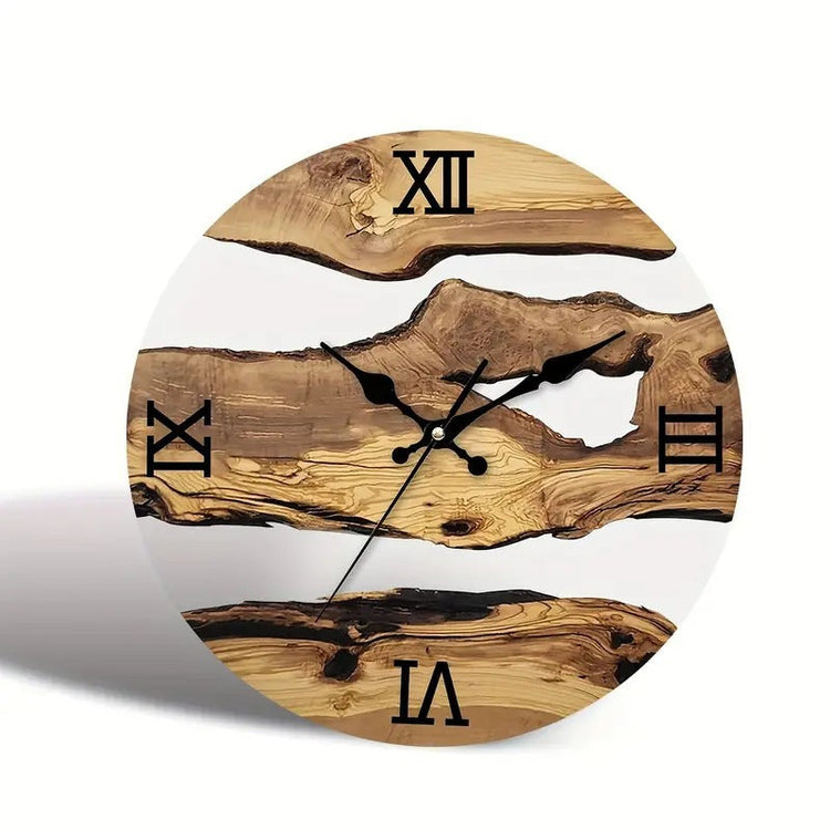 Glass wall clock with wood texture and Nordic timber illusion design by WoodyKitchenware, featuring a sleek, silent clock mechanism.
