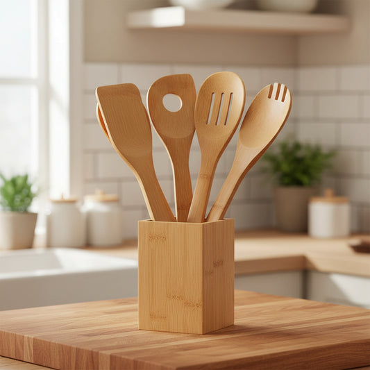 Eco-friendly bamboo spatula set with square holder from WoodyKitchenware, featuring ergonomic, sustainable kitchen tools.