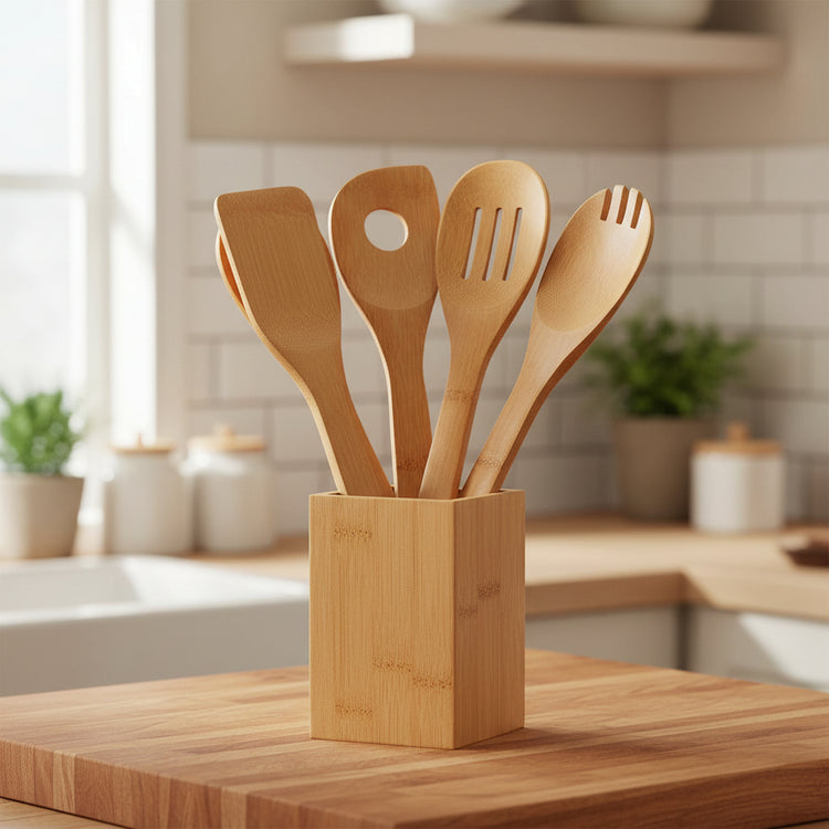 Eco-friendly bamboo spatula set with square holder from WoodyKitchenware, featuring ergonomic, sustainable kitchen tools.