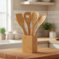Eco-friendly bamboo spatula set with square holder from WoodyKitchenware, featuring ergonomic, sustainable kitchen tools.