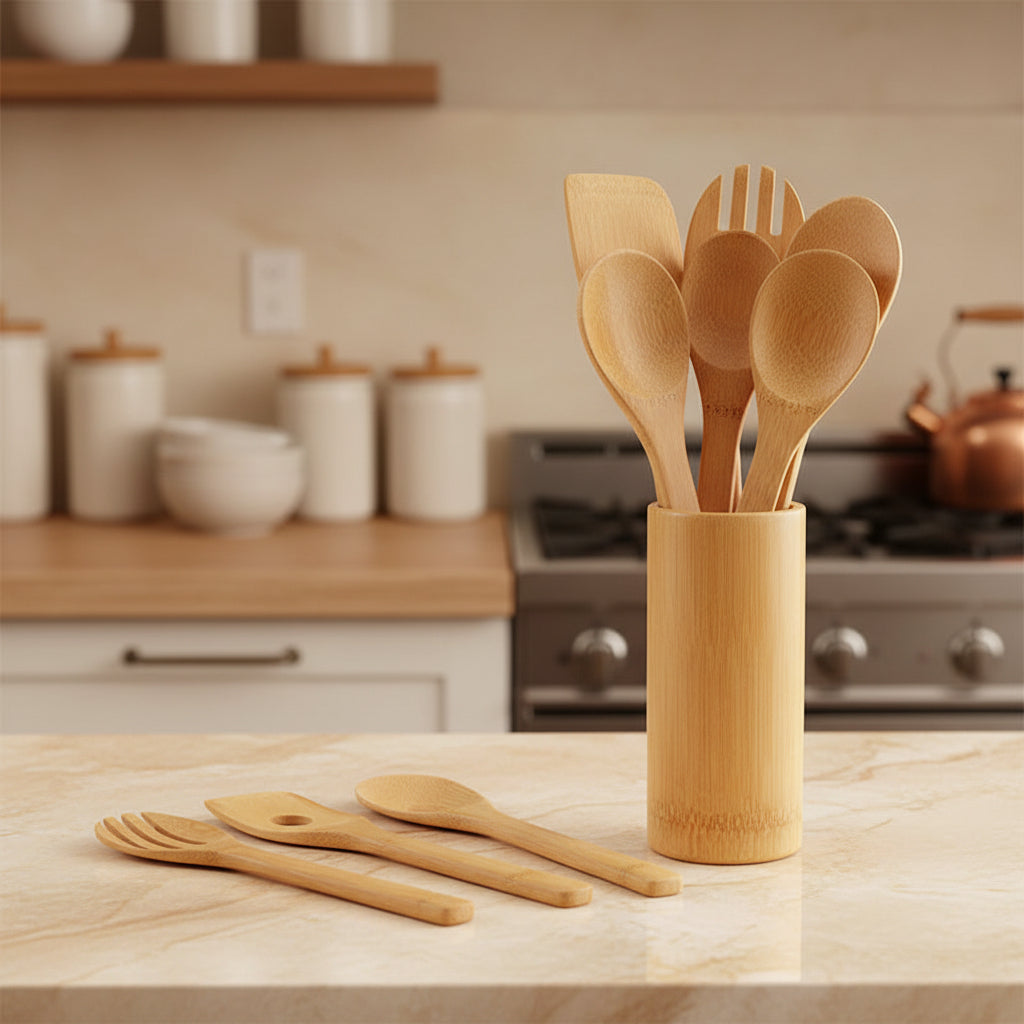 Eco-friendly bamboo spatula set with square holder from WoodyKitchenware, featuring ergonomic handles for sustainable kitchen use.