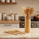 Eco-friendly bamboo spatula set with square holder from WoodyKitchenware, featuring ergonomic handles for sustainable kitchen use.