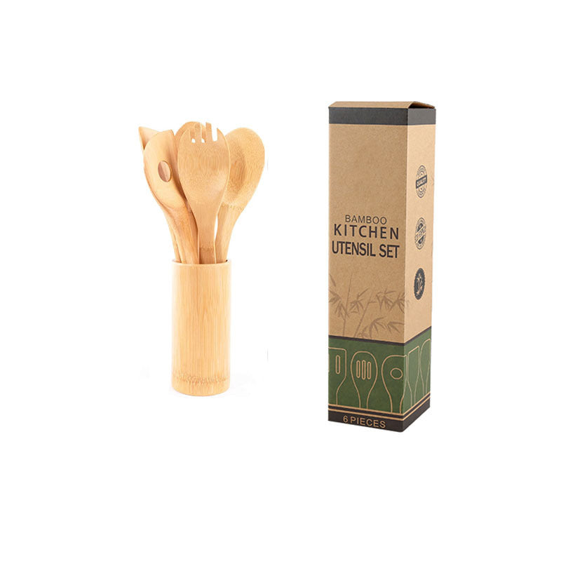 Eco-friendly bamboo spatula set with square holder from WoodyKitchenware, featuring ergonomic handles for sustainable kitchen use.