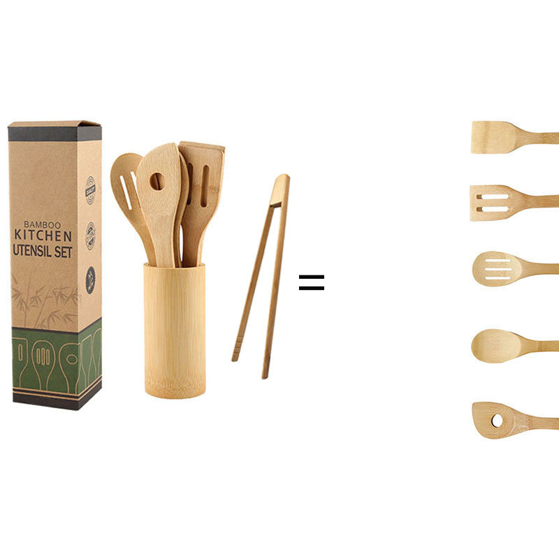 Eco-friendly bamboo spatula set with square holder from WoodyKitchenware, featuring ergonomic handles for sustainable kitchen use.
