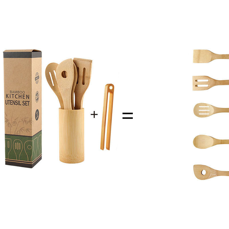 Eco-friendly bamboo spatula set with square holder from WoodyKitchenware, featuring ergonomic handles and sustainable kitchen tools.