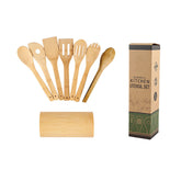 Eco-friendly bamboo spatula set with square holder from WoodyKitchenware, featuring ergonomic handles and sustainable kitchen tools.