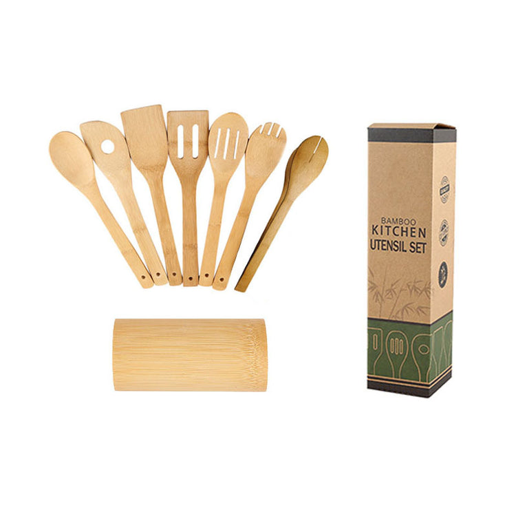 Eco-friendly bamboo spatula set with square holder from WoodyKitchenware, featuring ergonomic handles and sustainable kitchen tools.