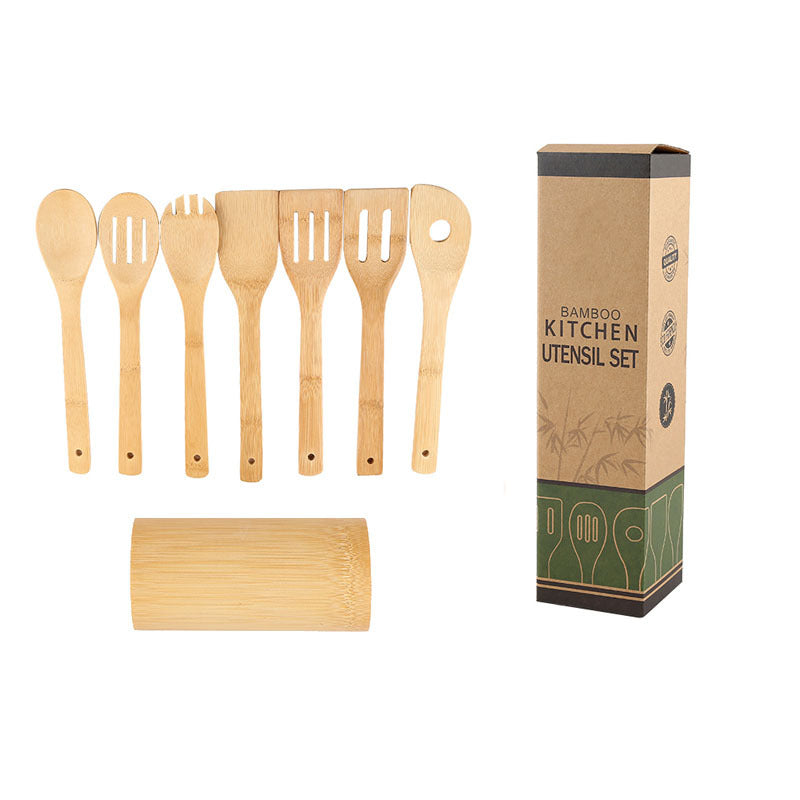 Eco-friendly bamboo spatula set with square holder from WoodyKitchenware, featuring ergonomic, sustainable kitchen utensils.