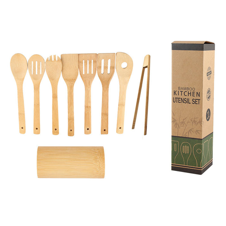 Eco-friendly bamboo spatula set with square holder from WoodyKitchenware, featuring ergonomic handles for sustainable kitchen use.
