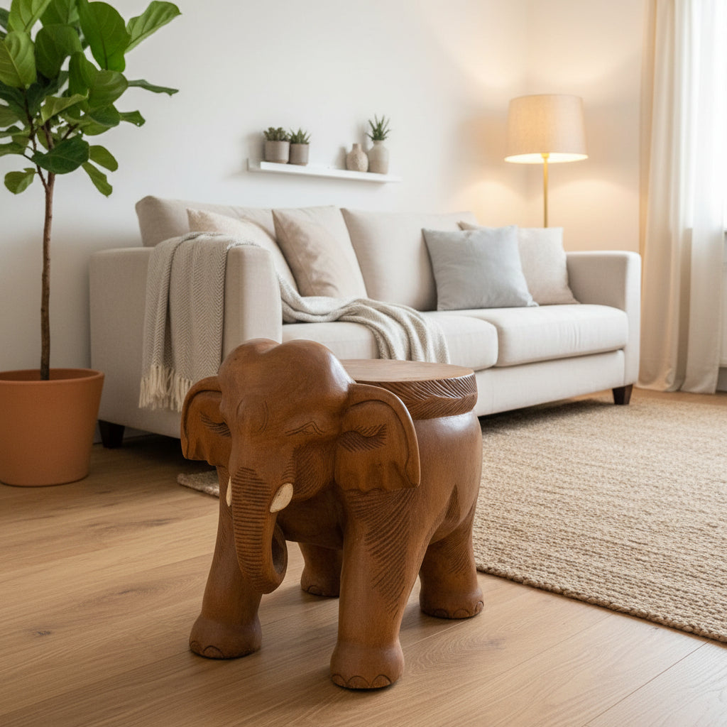 Solid wood elephant side table by WoodyKitchenware, The Totem Stage, featuring detailed carved elephant design in natural wood finish.