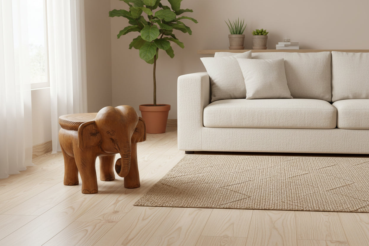 Solid wood elephant side table from WoodyKitchenware, featuring natural wood grain and crafted design for home decor.