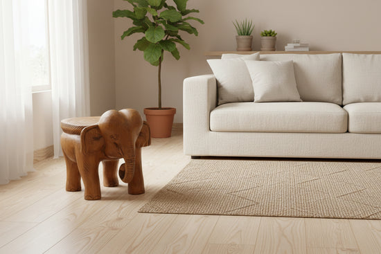 Solid wood elephant side table from WoodyKitchenware, featuring natural wood grain and crafted design for home decor.