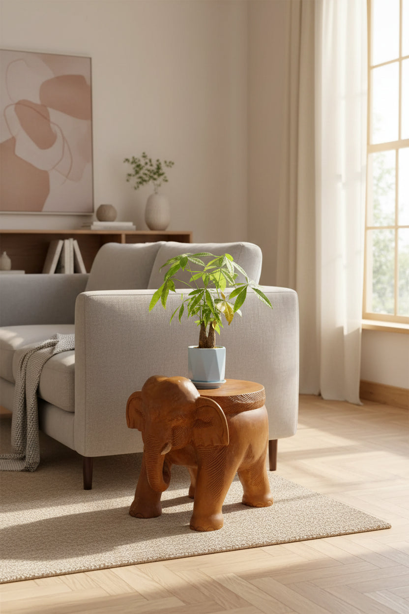 Solid wood elephant side table by WoodyKitchenware with natural finish, featuring a carved elephant design, suitable for living room decor.
