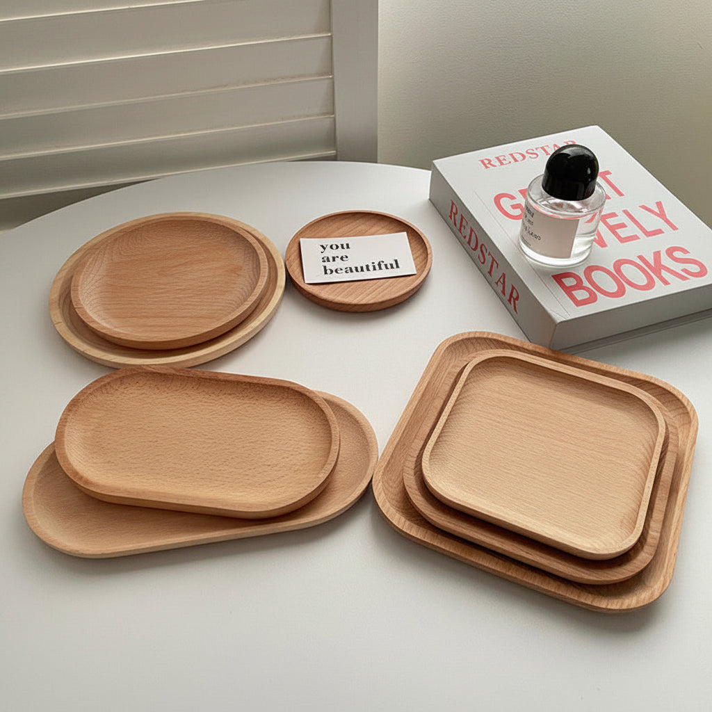 Round wooden trays from WoodyKitchenware INS Wind Wooden Pallets collection, showcasing minimalist design and natural wood finish.
