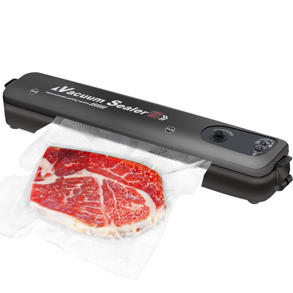Black WoodyKitchenware vacuum sealing machine, The Freshness Preserver by WoodyKitchenware, with digital controls for food preservation.