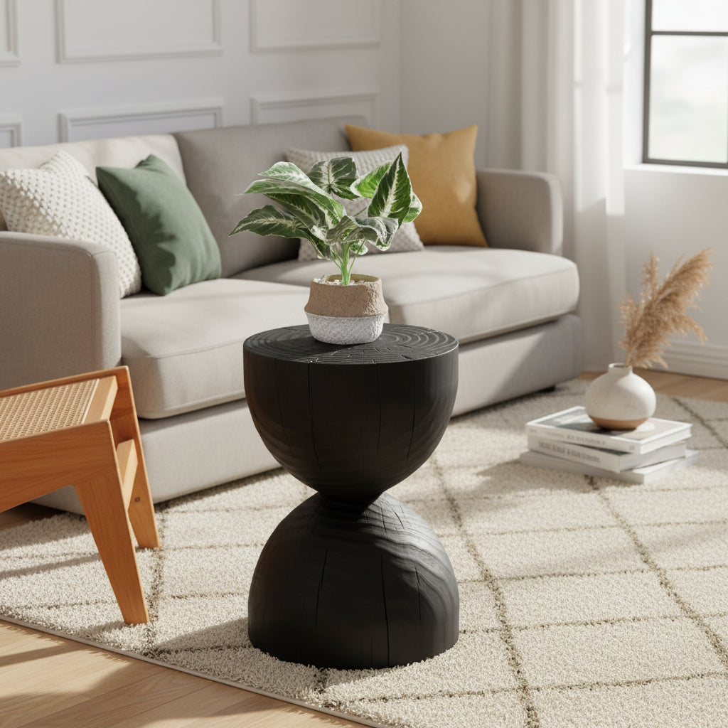 Black solid mango wood side end table by WoodyKitchenware, showcasing a sleek, natural wood finish and modern design.