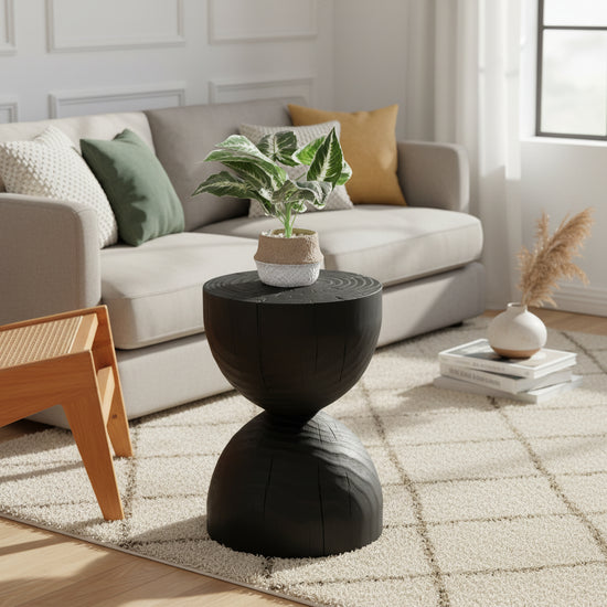 Black solid mango wood side end table by WoodyKitchenware, showcasing a sleek, natural wood finish and modern design.