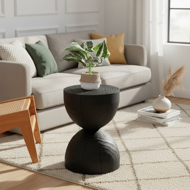 Black solid mango wood side end table by WoodyKitchenware, showcasing a sleek, natural wood finish and modern design.