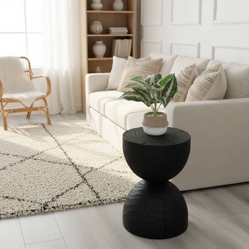 Black solid mango wood side end table by WoodyKitchenware, featuring a sleek design and natural wood grain finish.