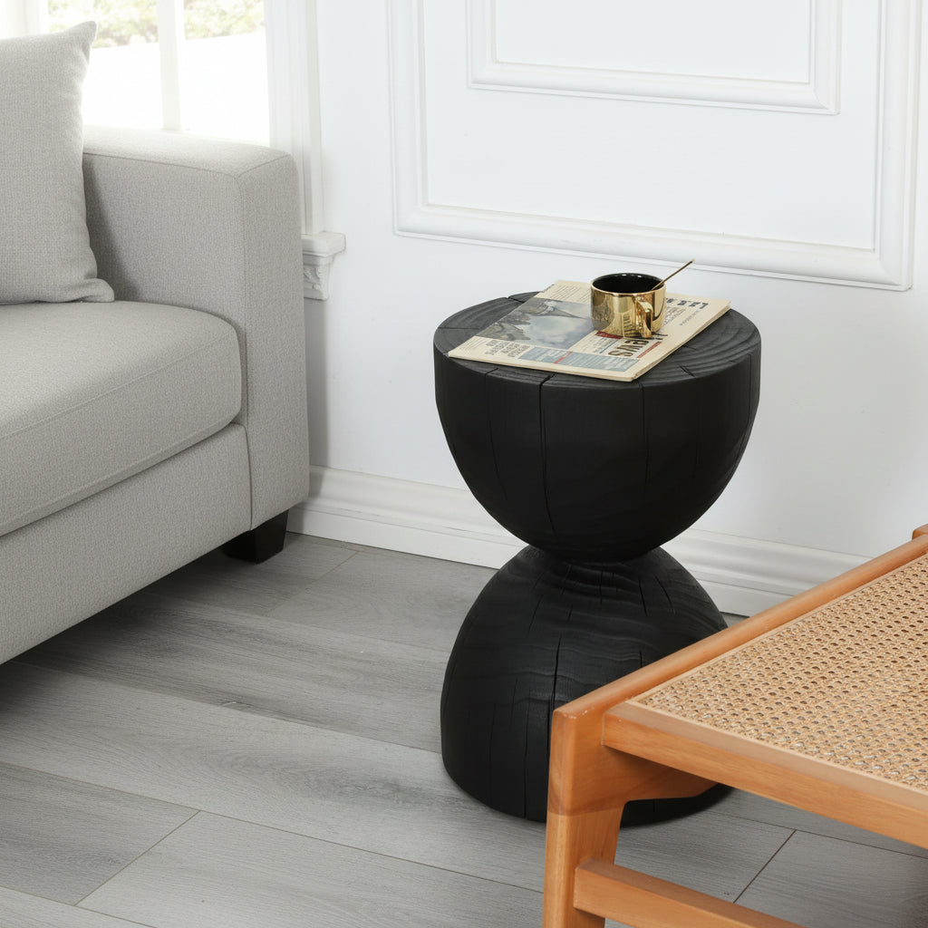 Solid black mango wood side end table by WoodyKitchenware, featuring a sleek, natural wood finish and modern design.