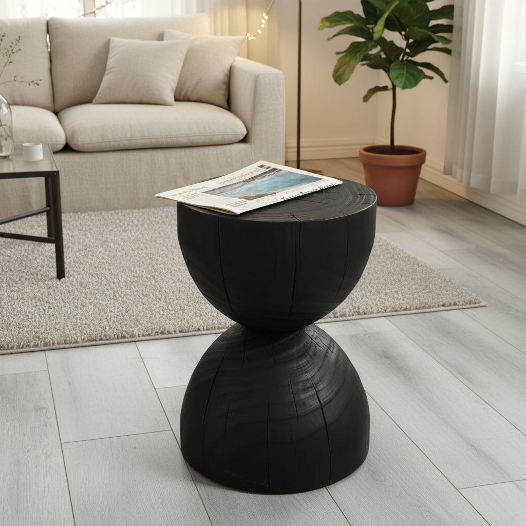 Black solid mango wood side end table by WoodyKitchenware, showcasing smooth finish and modern design for living room decor.