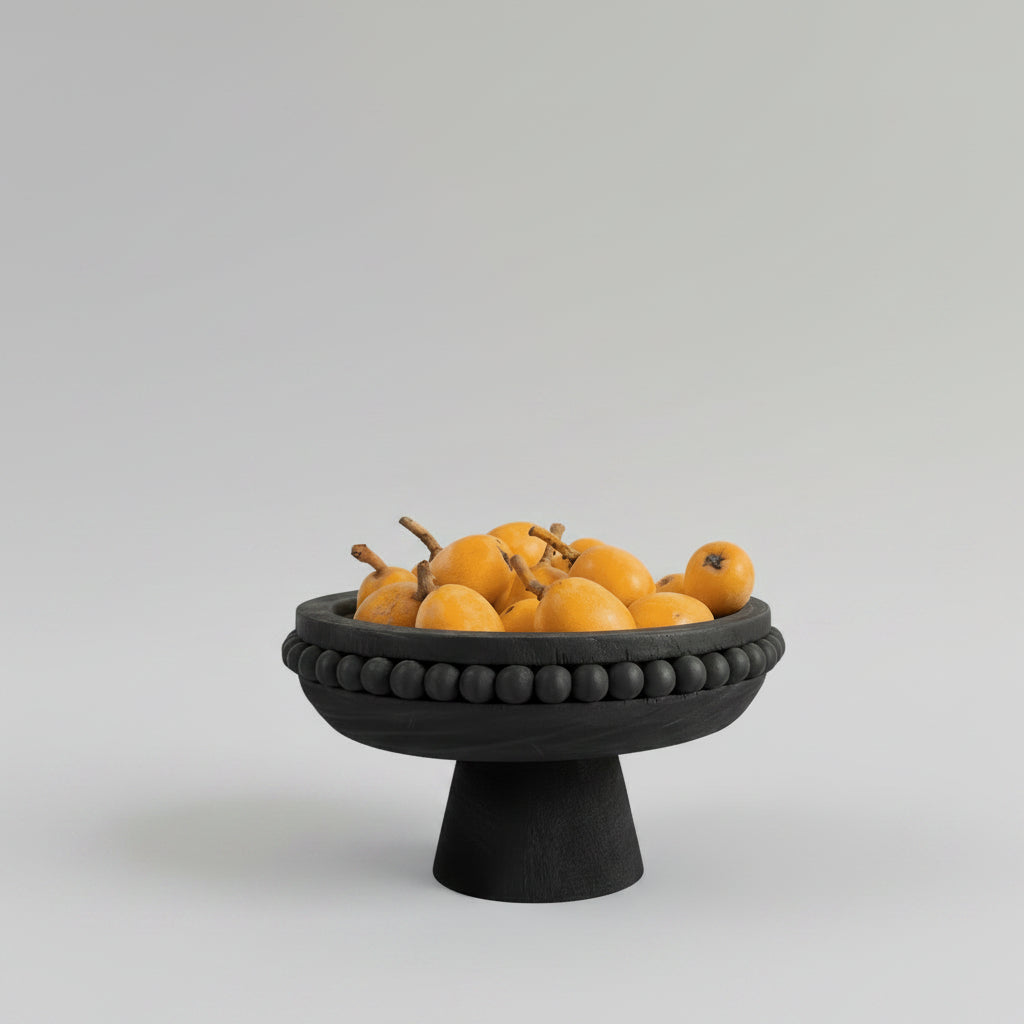 Black solid wood fruit plate in Wabi-Sabi style by WoodyKitchenware, featuring a minimalist, natural finish on a sleek, handcrafted tray.