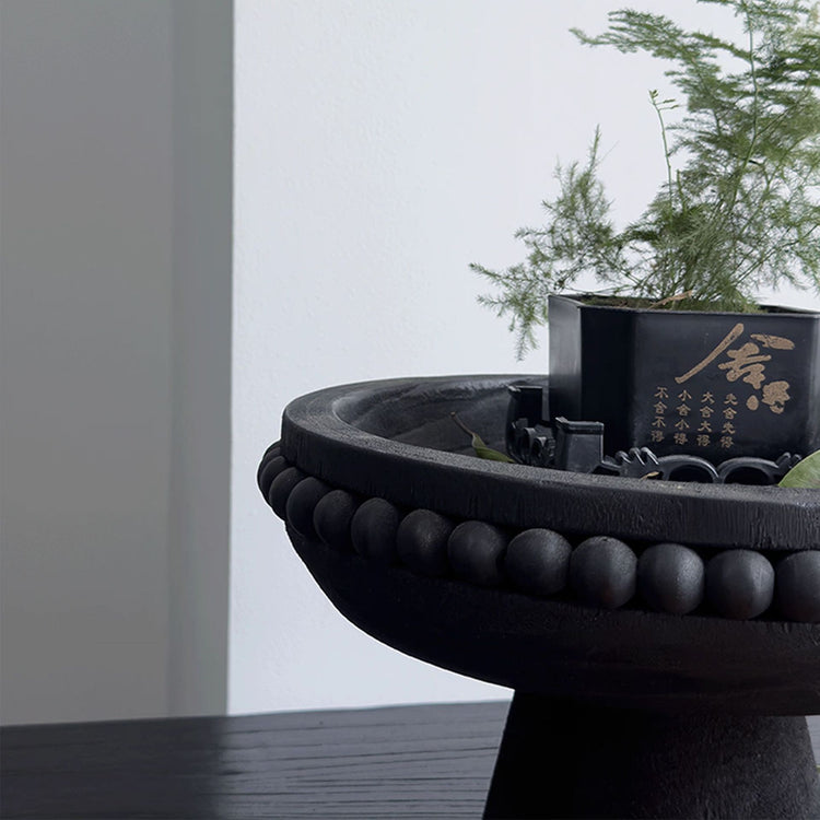 Black solid wood fruit plate in Wabi-Sabi style by Woody&