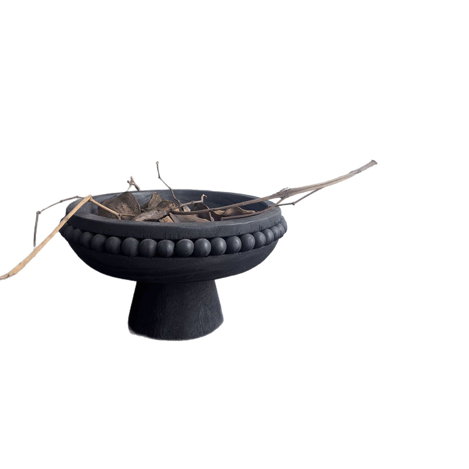 Black solid wood fruit plate in Wabi-Sabi style by WoodyKitchenware, featuring a minimalist, natural wood grain finish.
