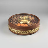 Double-tier solid wood dried fruit tray with brass cloud pattern, part of WoodyKitchenware luxury snack stage by WoodyKitchenware.