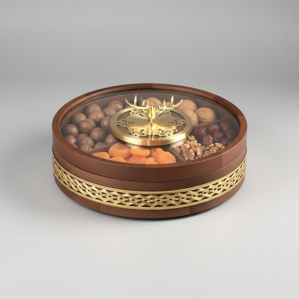 Double-tier solid wood dried fruit tray with brass cloud pattern, part of WoodyKitchenware luxury snack stage by WoodyKitchenware.