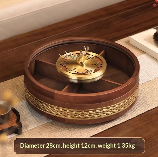 Solid wood dried fruit tray with brass cloud pattern, double-tier design by WoodyKitchenware for elegant snack presentation.
