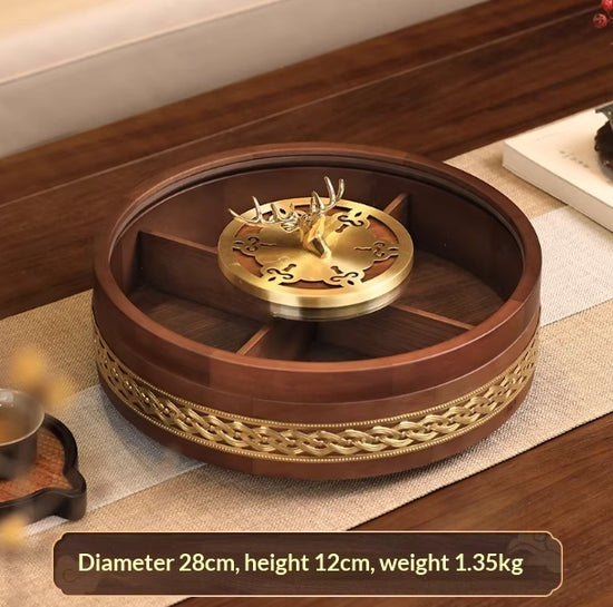 Solid wood dried fruit tray with brass cloud pattern, double-tier design by WoodyKitchenware for elegant snack presentation.