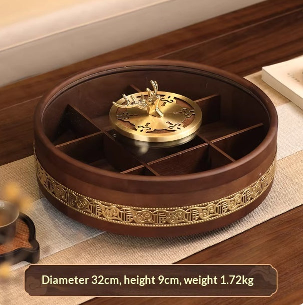 Solid wood dried fruit tray with brass cloud pattern, double-tier design by WoodyKitchenware for elegant snack presentation.