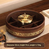 Solid wood dried fruit tray with brass cloud pattern, double-tier design by WoodyKitchenware for elegant snack presentation.