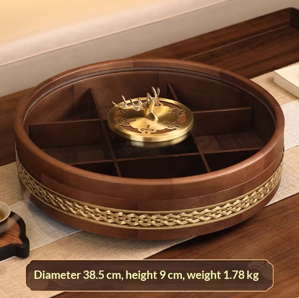Double-tier solid wood dried fruit tray with brass cloud pattern by WoodyKitchenware, showcasing a luxurious snack presentation.
