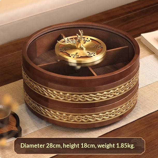 Double-tier solid wood dried fruit tray with brass cloud pattern by WoodyKitchenware, showcasing a luxurious wooden snack stage.