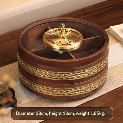 Double-tier solid wood dried fruit tray with brass cloud pattern by WoodyKitchenware, showcasing a luxurious wooden snack stage.