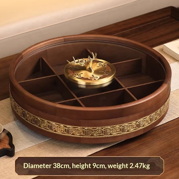 Double-tier solid wood dried fruit tray with brass cloud pattern by WoodyKitchenware, perfect for luxury snack presentation.