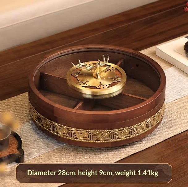 Solid wood dried fruit tray by WoodyKitchenware featuring a brass cloud pattern, double-tier design, perfect for luxury snack presentation.