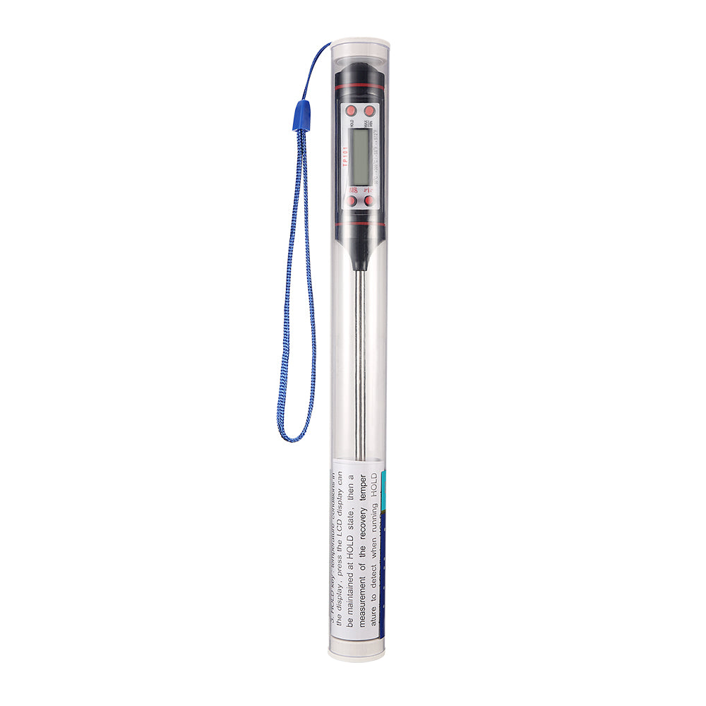 Digital meat thermometer by WoodyKitchenware, showing the sleek device with a digital display and probe for precise temperature readings.
