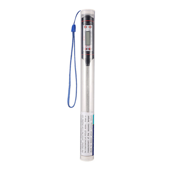 Digital meat thermometer by WoodyKitchenware, showing the sleek device with a digital display and probe for precise temperature readings.