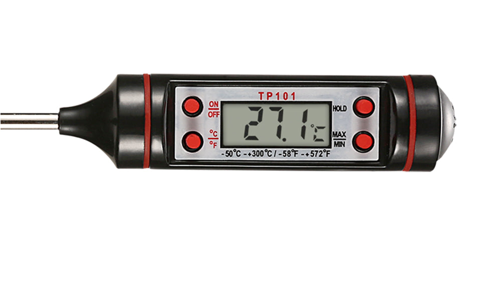 Digital meat thermometer by WoodyKitchenware featuring a clear display and stainless steel probe for precise temperature readings.